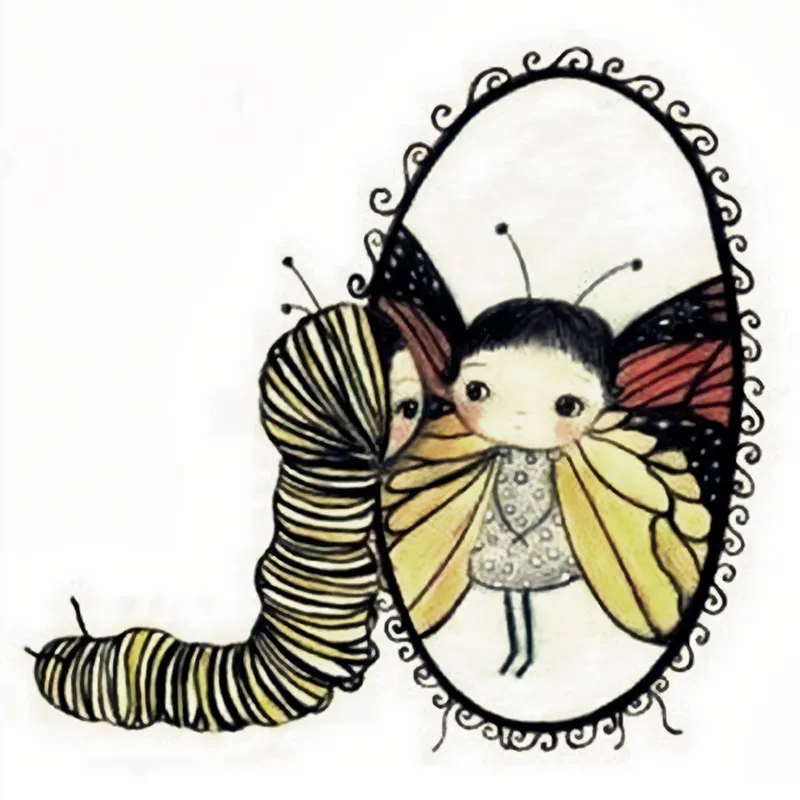 Illustrazione: un bruco che si trasforma in una bambina-farfalla dentro uno specchio ovale