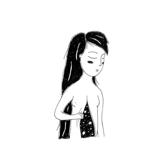 Disegno: una ragazza dai lunghi capelli neri con un cielo stellato sul corpo