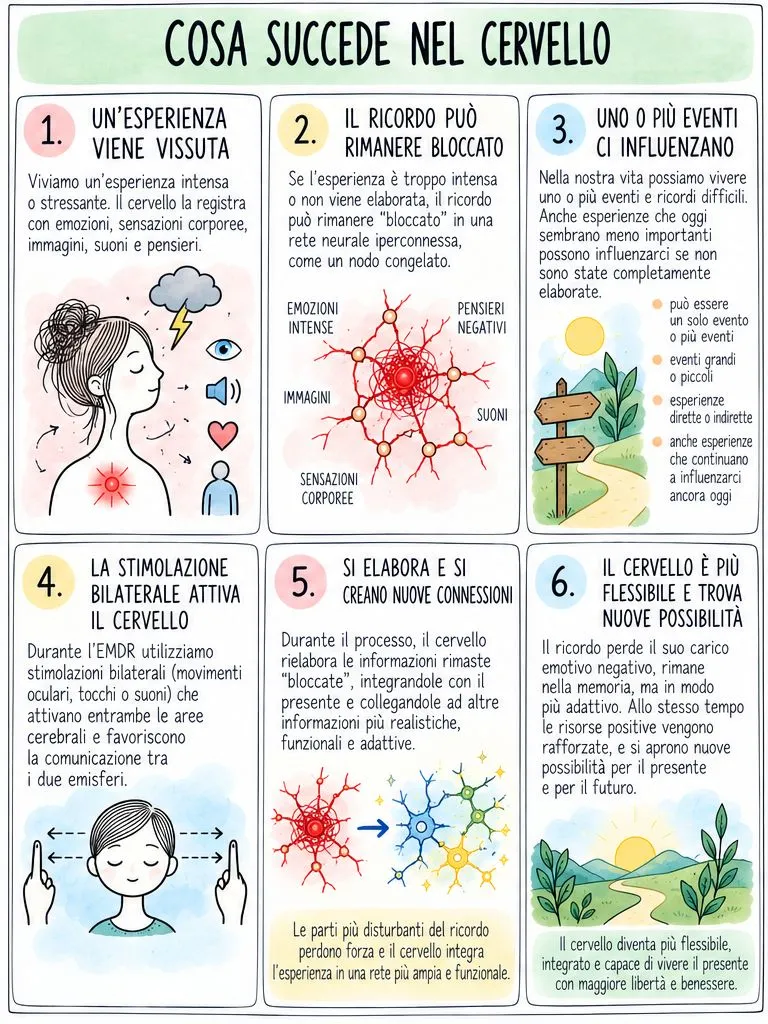 Infografica «Cosa succede nel cervello» in 6 riquadri: un'esperienza intensa viene vissuta, il ricordo può rimanere bloccato in una rete neurale iperconnessa, uno o più eventi ci influenzano, la stimolazione bilaterale attiva entrambi gli emisferi, il cervello rielabora e crea nuove connessioni, e diventa più flessibile e capace di vivere il presente.