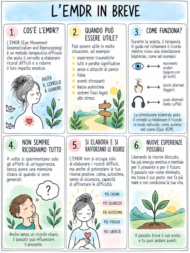 Infografica «L'EMDR in breve» in 6 riquadri: cos'è l'EMDR, quando può essere utile (esperienze traumatiche, lutti, ansia e attacchi di panico, fobie, eventi stressanti, bassa autostima, sintomi fisici legati allo stress), come funziona la stimolazione bilaterale con movimenti oculari, tocchi o suoni alternati, il fatto che non sempre ricordiamo tutto, il rafforzamento delle risorse e le nuove esperienze possibili.