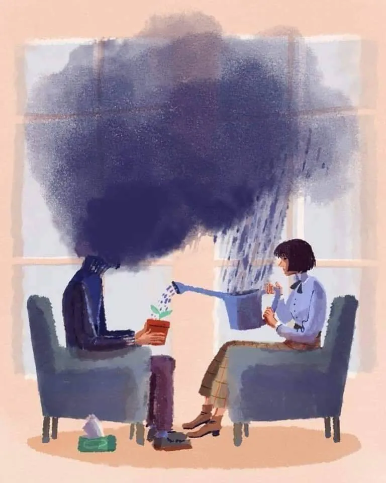 Illustrazione: una seduta di psicoterapia, la terapeuta annaffia una piantina mentre sopra il paziente c'è una nuvola di pioggia