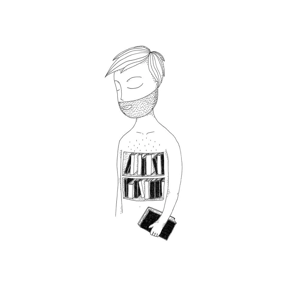 Disegno: un uomo con una libreria al posto del busto e un libro che cade